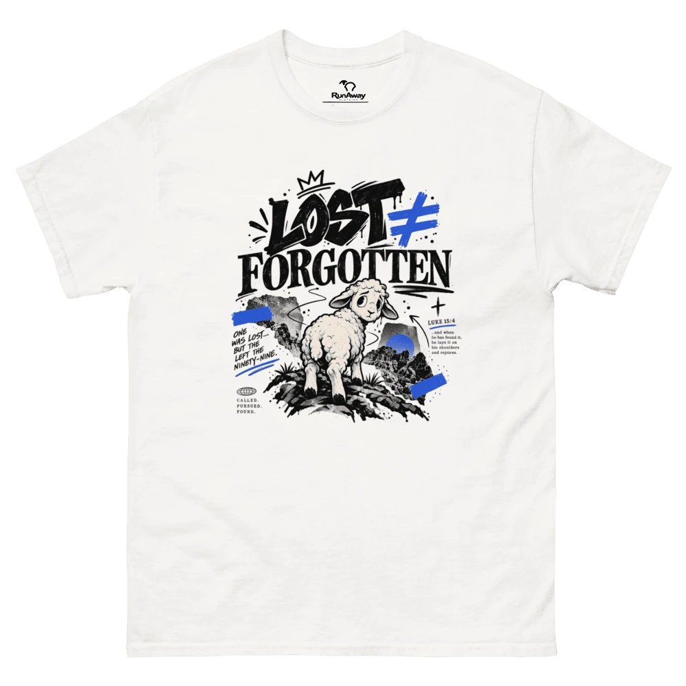 White classic tee with Lost ≠ Forgotten sheep artwork and blue accents
