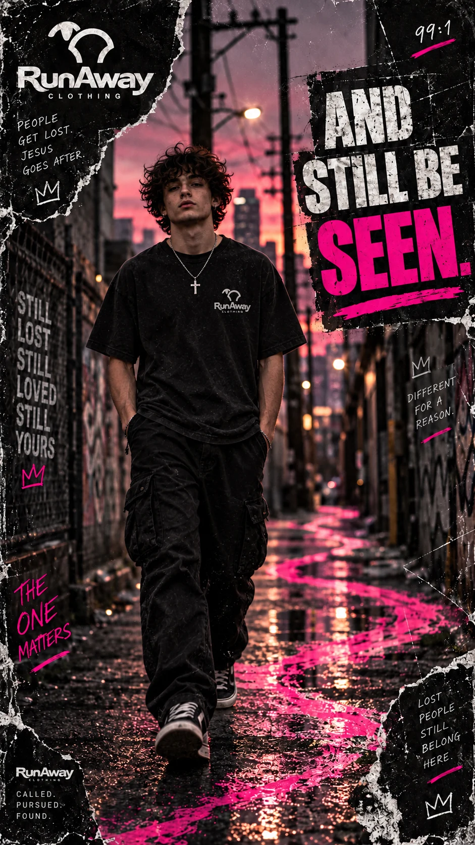 RunAway campaign poster with a model walking through a pink-lit neighborhood and the words And Still Be Seen